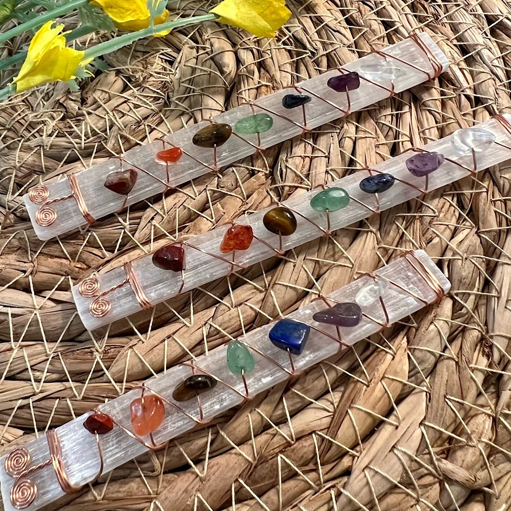 Selenite Crystal Wand with Rainbow Chakra Gemstones & Hand-wired Copper